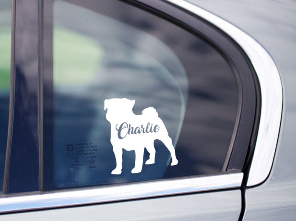 Pug Silhouette car decal with your pug's name. Custom made, high quality water proof vinyl car decal