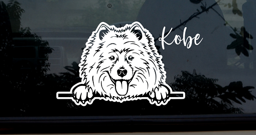 Samoyed peeking car decal with custom text on a car window