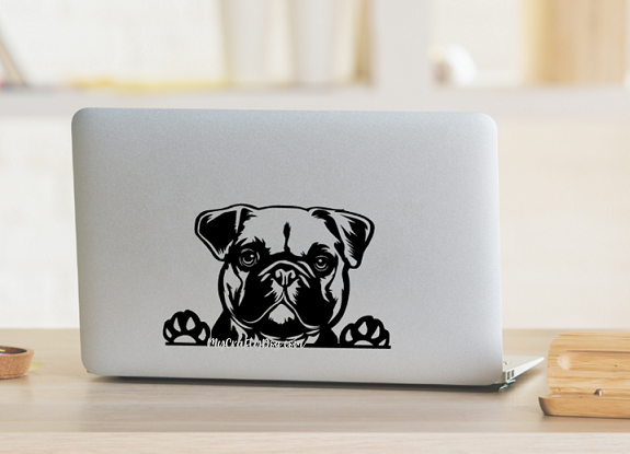 A vinyl decal / sticker featuring a cute French Bulldog with floppy ears peeking inquisitively. This high-quality decal can be applied to various surfaces like cars, trucks, windows, laptops, and more. Personalize it with your dog's name or custom text for a unique touch. This decal is perfect for French Bulldog enthusiasts, showcasing their love for the breed with an adorable design."