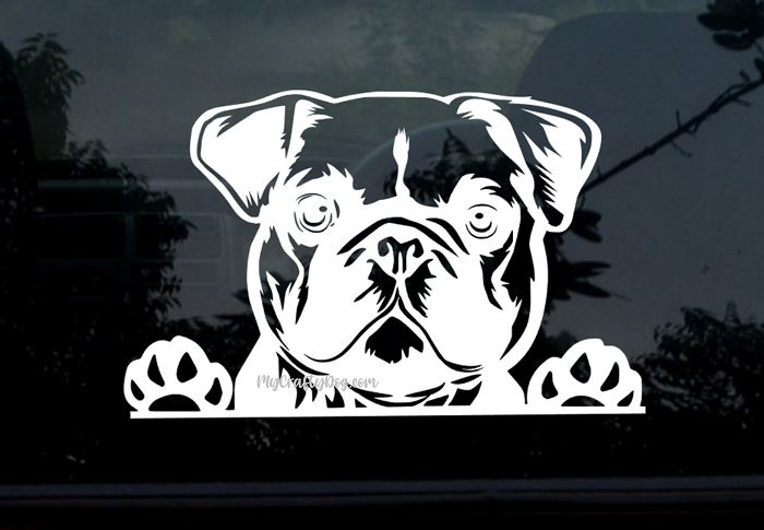 A vinyl decal / sticker featuring a cute French Bulldog with floppy ears. This adorable decal can be applied to cars, trucks, windows, laptops, and more. Personalize it with your dog's name or add custom text for a unique touch. The decal showcases the playful and lovable nature of French Bulldogs, making it a delightful accessory for dog lovers everywhere