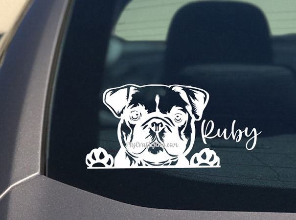 A vinyl decal / sticker featuring a cute peeking French Bulldog with floppy ears . The decal is high-quality and can be applied to various surfaces, such as cars, trucks, windows, and laptops. Personalize it with your dog's name or custom text for a unique touch. This decal is a delightful accessory for French Bulldog lovers and adds a playful touch to any item it is applied to.