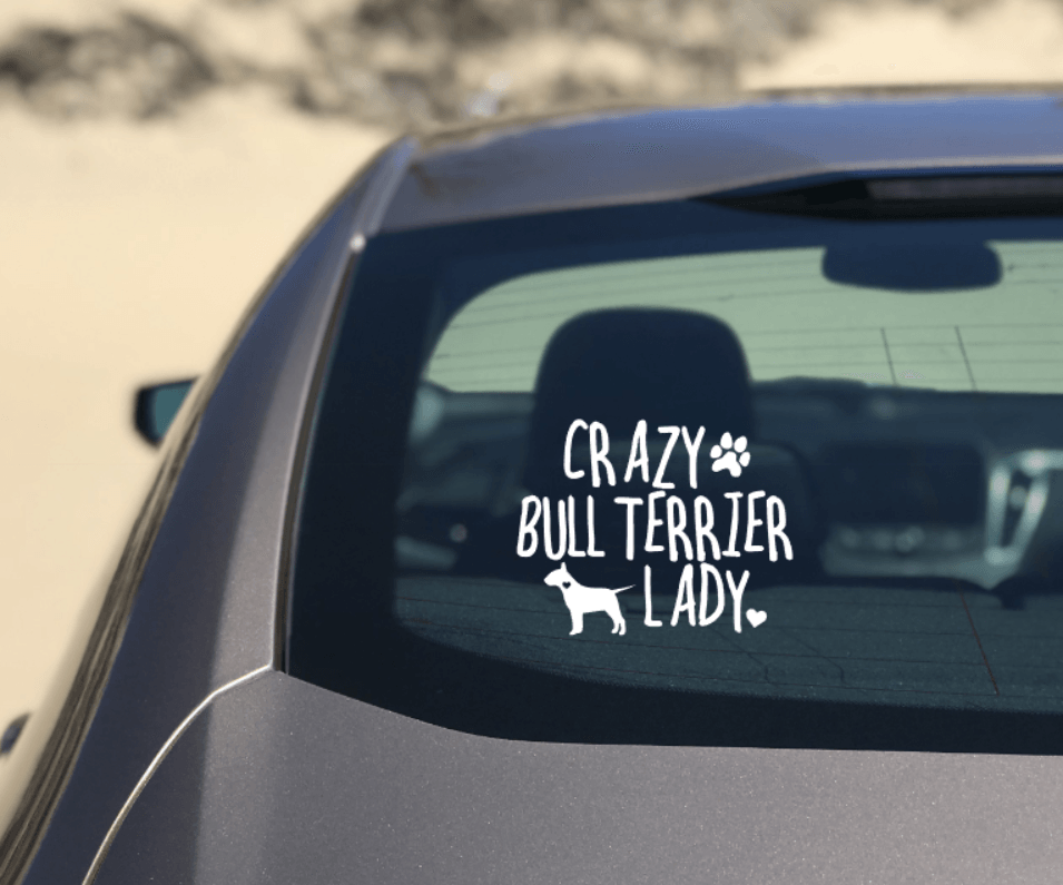 Crazy Bull Terrier Lady Car Sticker - My Crafty Dog